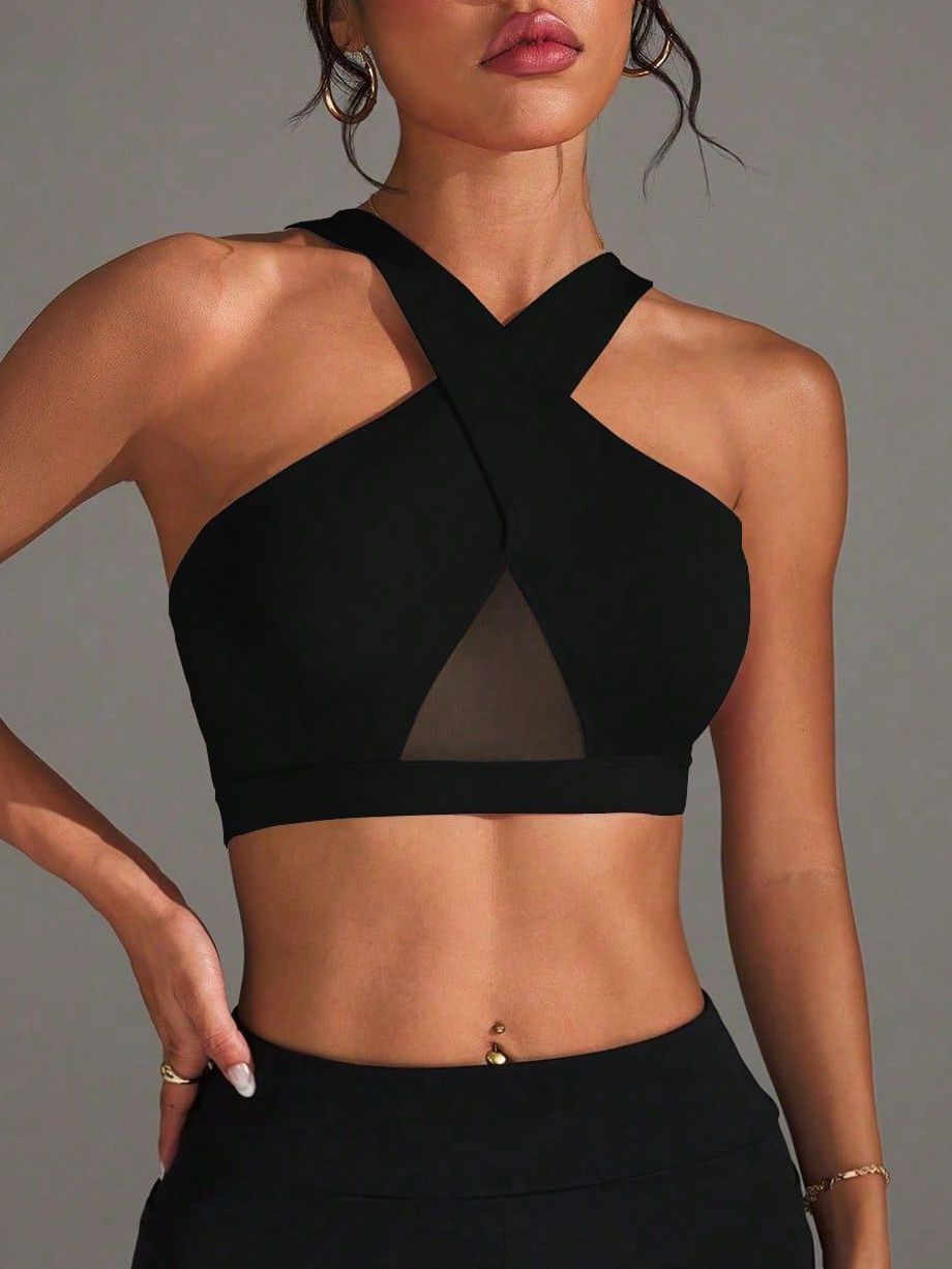 ZASUWA Female Sexy Solid Color Sheer Mesh Cross Tank