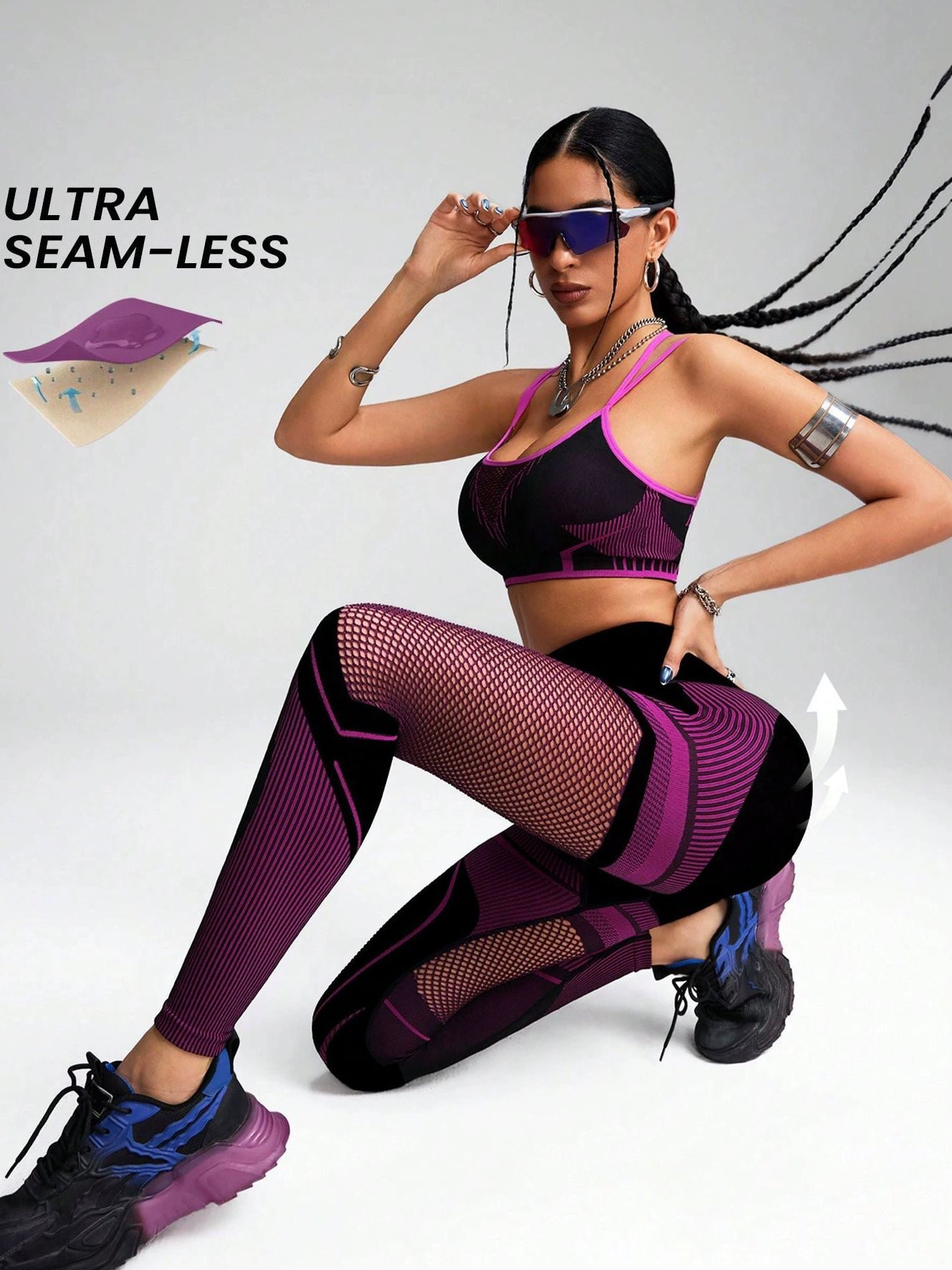 ZASUWA Female Contrast Color Fishnet Cross Back Stripe Print Push Up Design Tracksuit