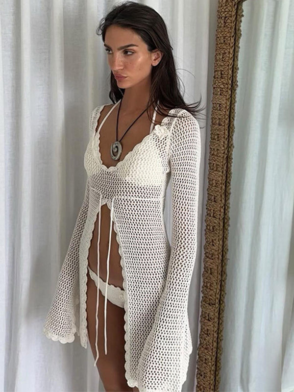 ZASUWA Female Sexy Fishnet Lace-up Hollow Out Without Bikini Set Swimwear Cover Dress