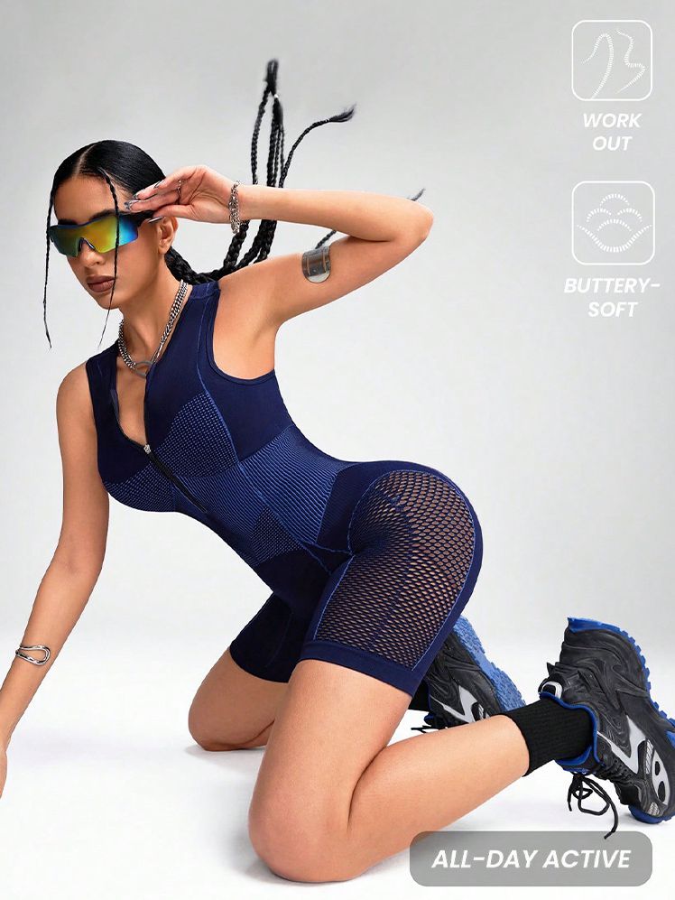ZASUWA Female Hollow Out Net Zipper Push Up Design Elastic Tight Romper