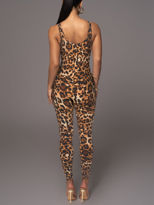 ?ZASUWA Female Leopard Print U Collar Jumpsuit