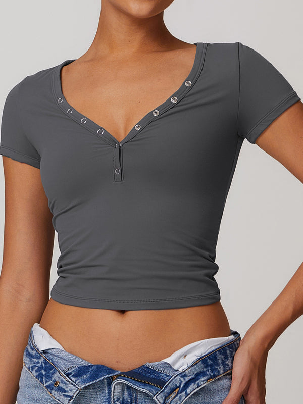 ZASUWA Female V-neck Quick Dry Buttons Yoga Short Sleeves