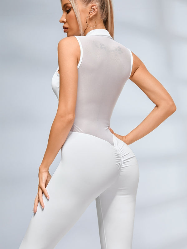 ZASUWA Female Sexy Sheer Mesh Back Deep V Back Scrunch Bum Zipper Jumpsuit