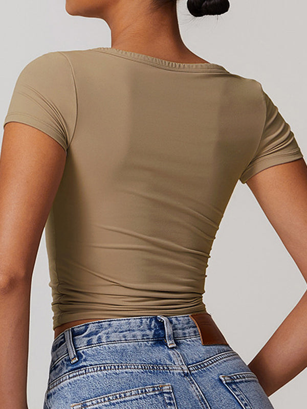 ZASUWA Female V-neck Quick Dry Buttons Yoga Short Sleeves