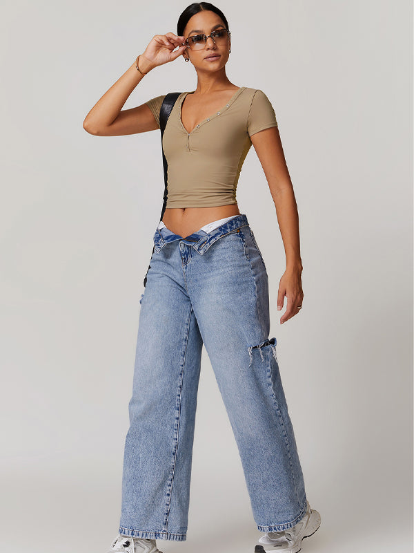 ZASUWA Female V-neck Quick Dry Buttons Yoga Short Sleeves