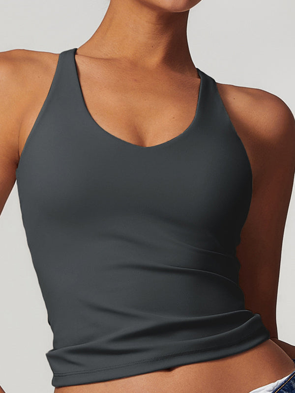 ZASUWA Female U Collar Cross Back Hollow Out Quick Dry Adjustable Strap Tank
