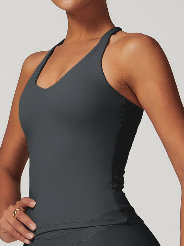 ZASUWA Female U Collar Cross Back Hollow Out Quick Dry Adjustable Strap Tank