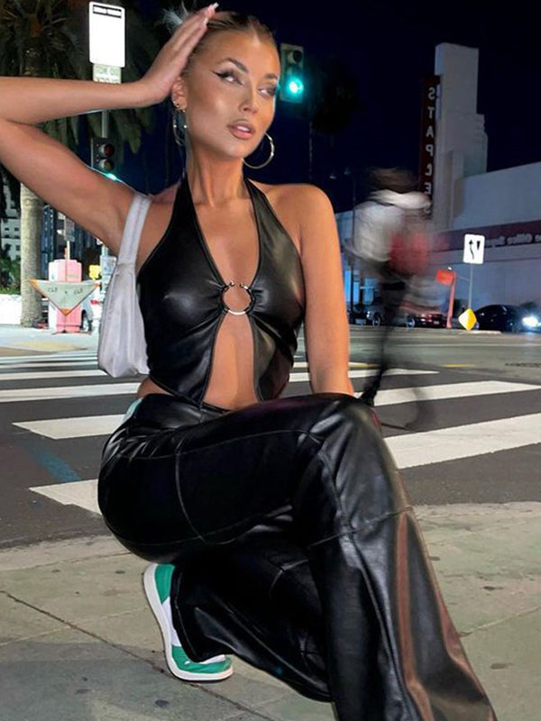 ZASUWA Female Halter Faux Leather Backless with Metal Ring Hollow Out Corset Tank