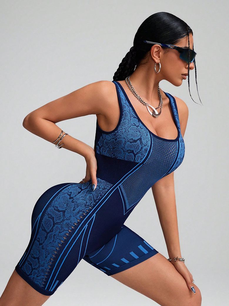 ZASUWA Female Hollow Out Net Snakeskin Print Stripes Stitch Elastic Tight Romper