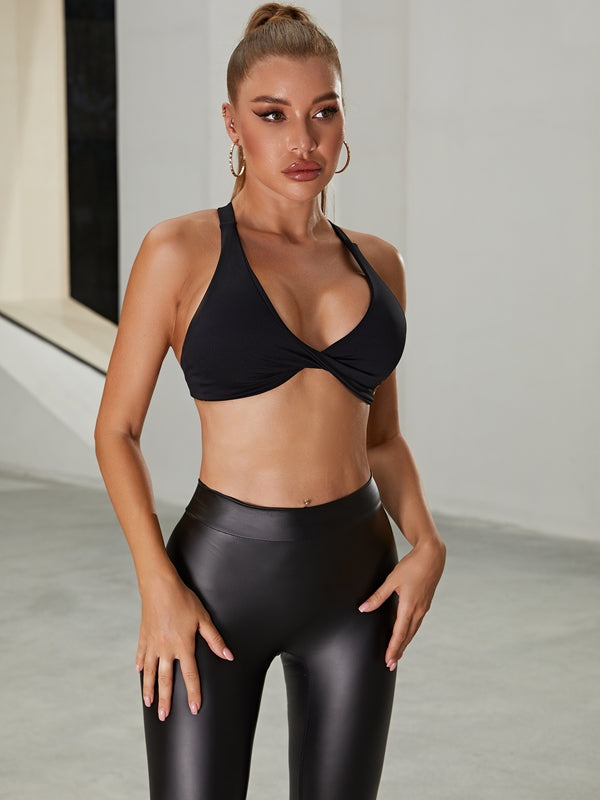 ?ZASUWA Female Faux Leather Deep V Back Scrunch Bum Twist Cross Back Tracksuit