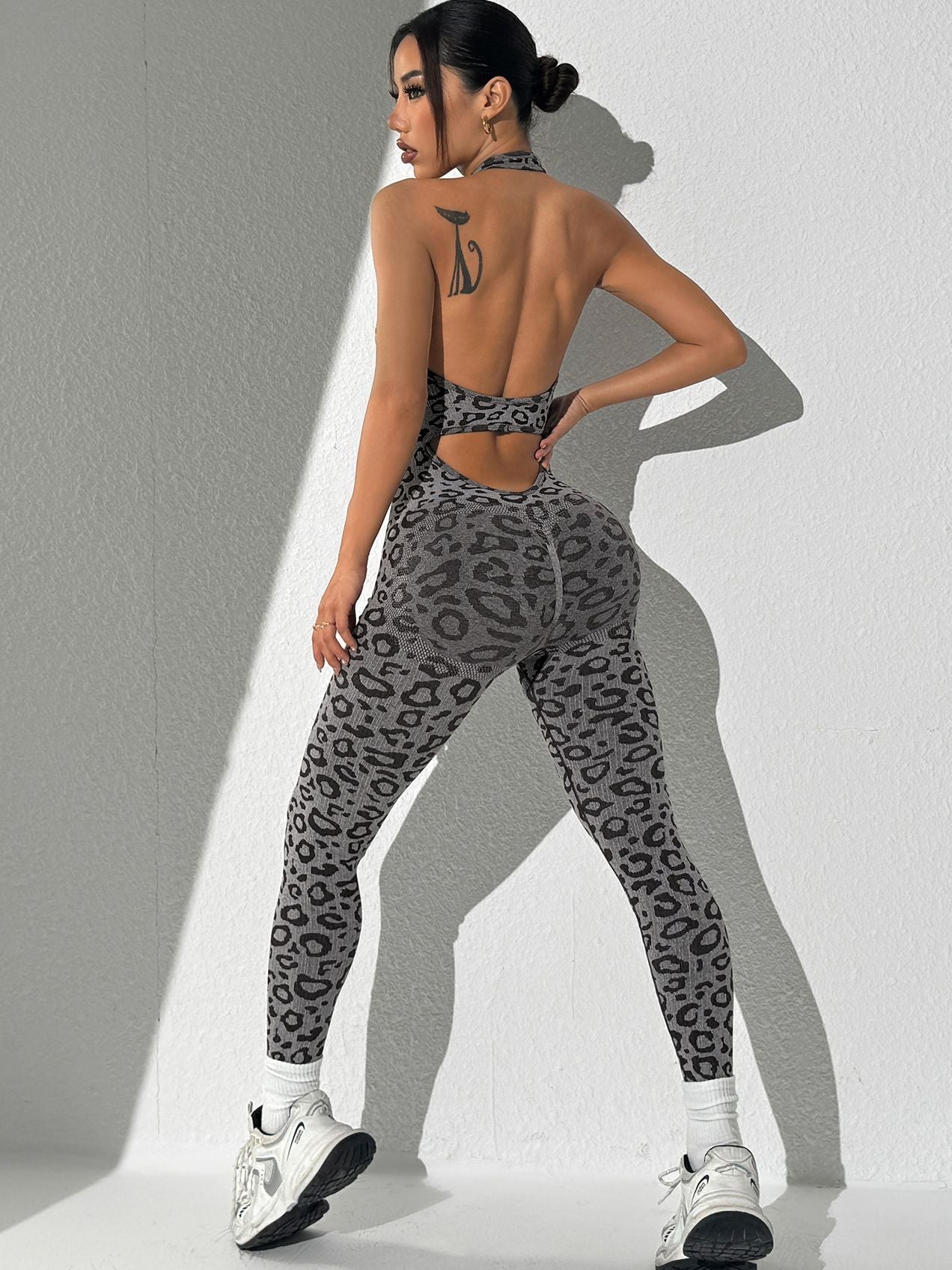 ZASUWA Female Sexy Fashion Leopard Print Hollow Out Backless Jumpsuit
