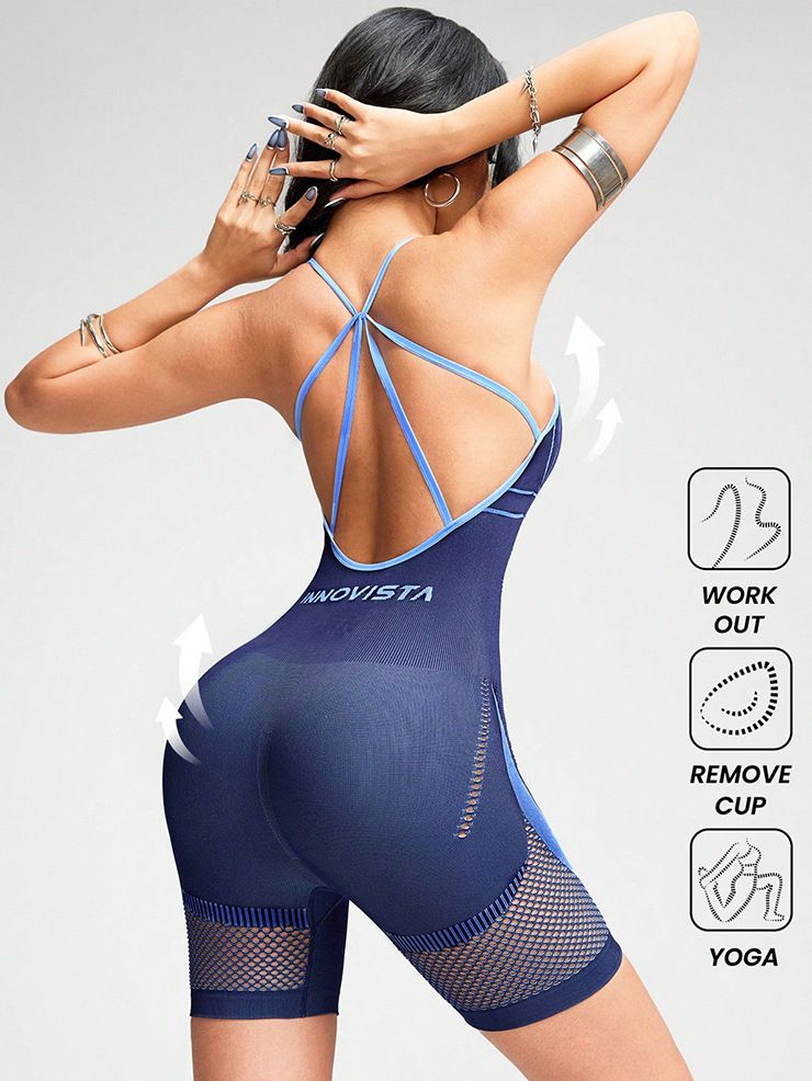 ZASUWA Female Contrast Color Net Cross Back Push Up Design Elastic Tight Romper
