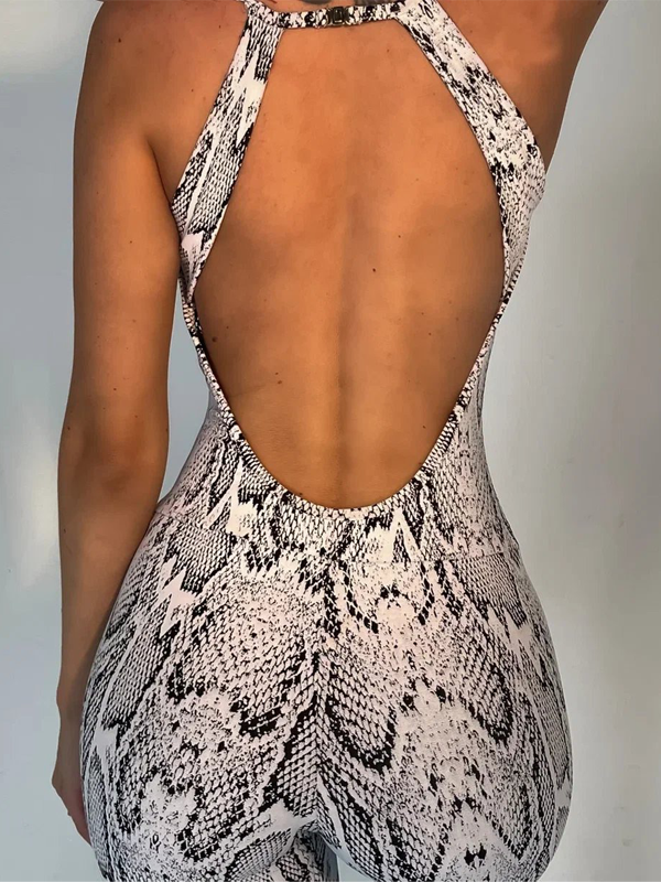 ?ZASUWA Female Sexy Fishnet Snake Print Backless Jumpsuits