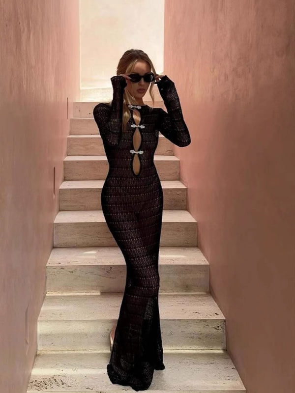 ZASUWA Female Sexy Split Fishnet Hollow Out Backless Chinese Style Cover-up Without Bikini