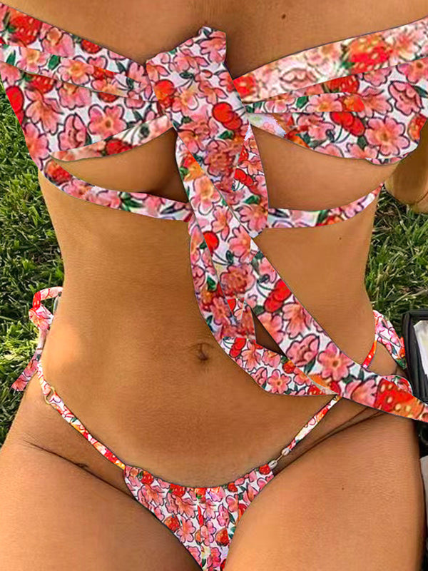 ZASUWA Female Sexy Solid Color Bow-knot Cute Print Bikini Set