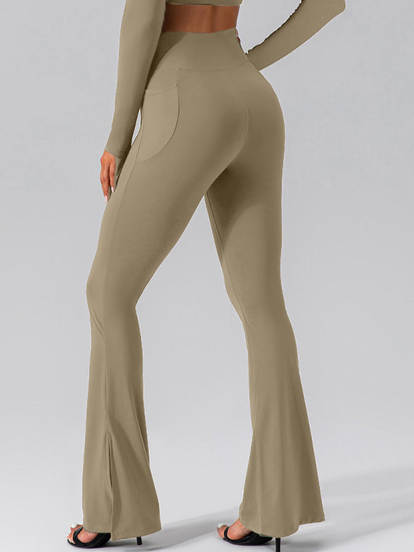 ZASUWA Female V-shape Waist Pocket Solid Color Split High-waisted Flare Pants