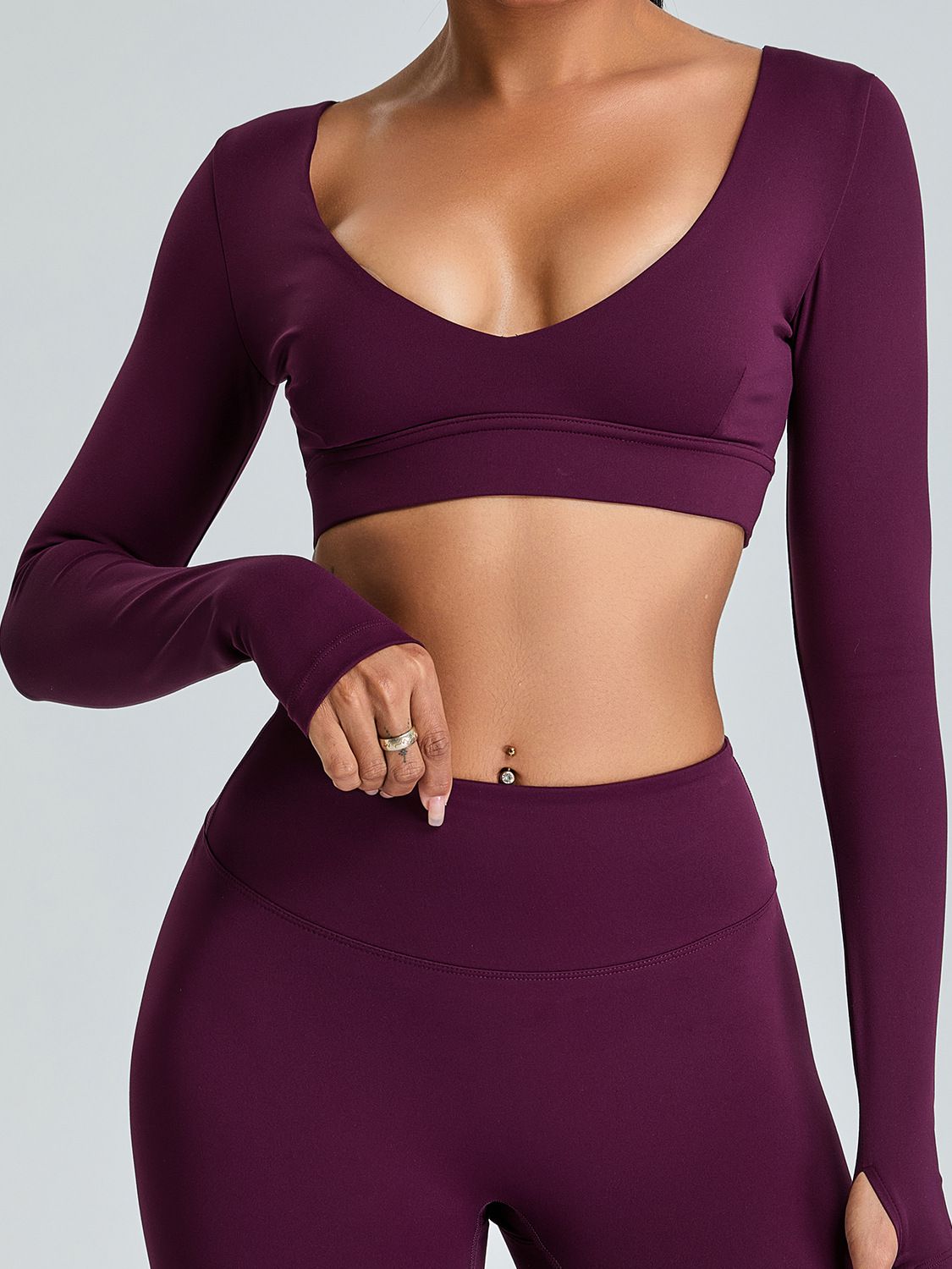ZASUWA Female Solid Color V-neck Elastic Tight Long Sleeves