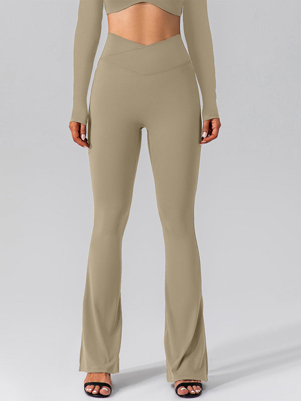 ZASUWA Female V-shape Waist Pocket Solid Color Split High-waisted Flare Pants
