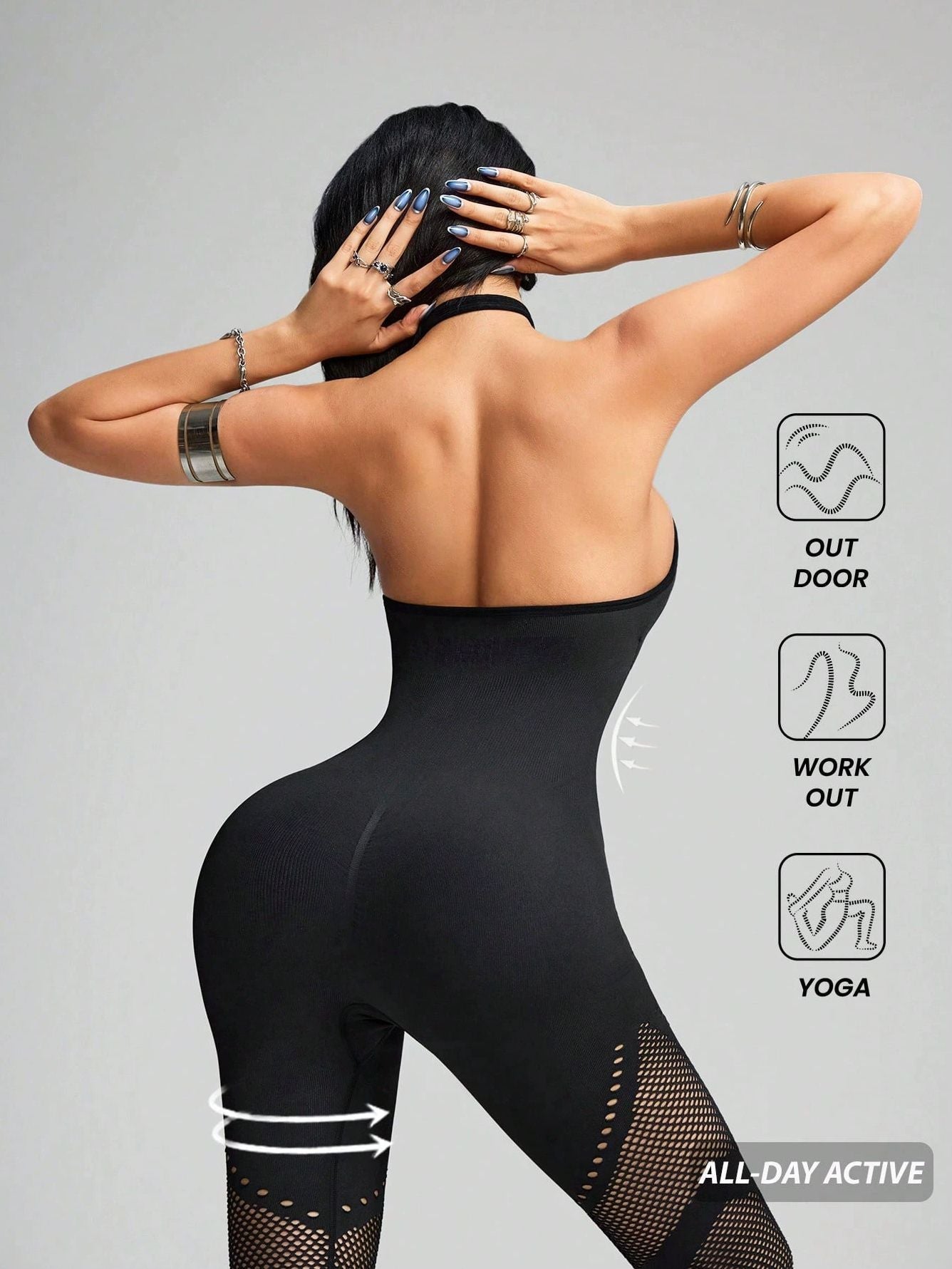 ZASUWA Female Sexy Hollow Out Fishnet Backless Elastic Tight Jumpsuit