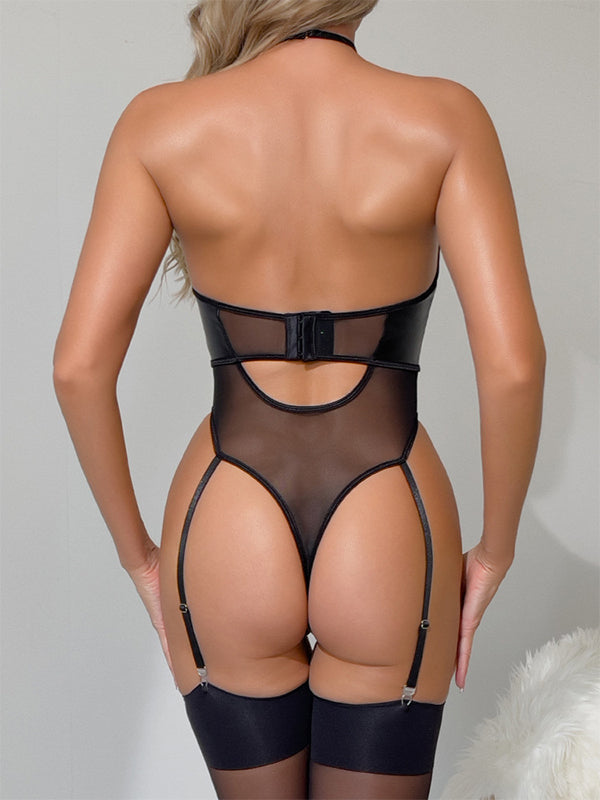 ZASUWA Female Sexy Sheer Mesh PU Cutout Bodysuit