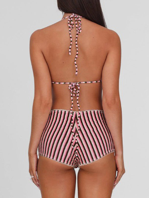 ZASUWA Female Stripe Contrast Color Halter Bikini Set