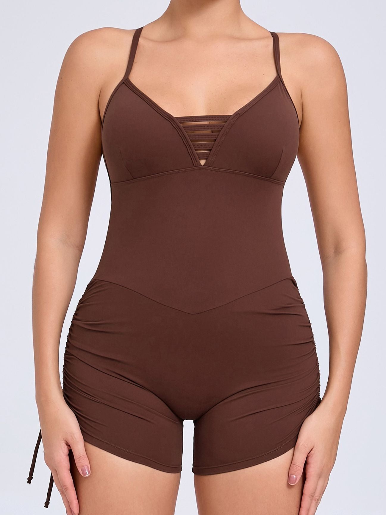 ZASUWA Female V-neck Cross Back Scrunch Bum Drawstring Romper