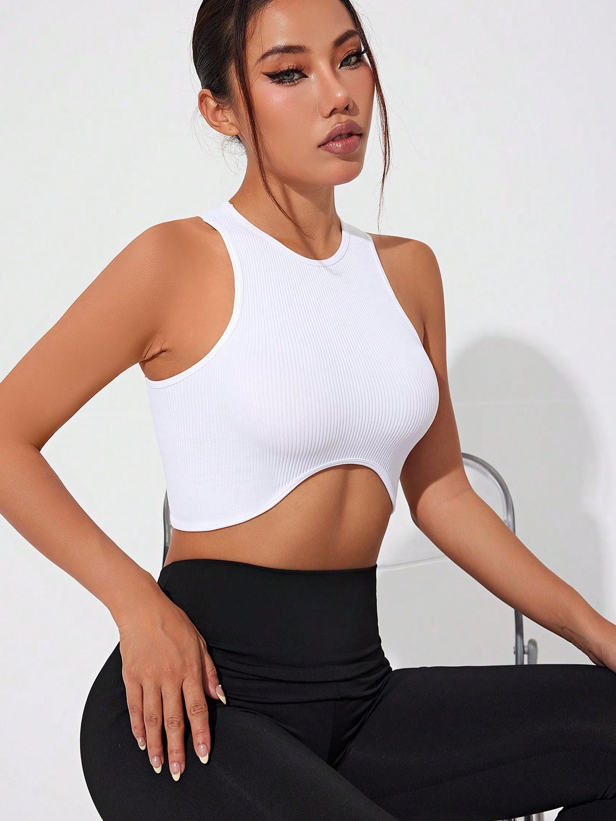 ZASUWA Female Sexy Round Neck Ribbed Quick Dry Irregular Design Tanks