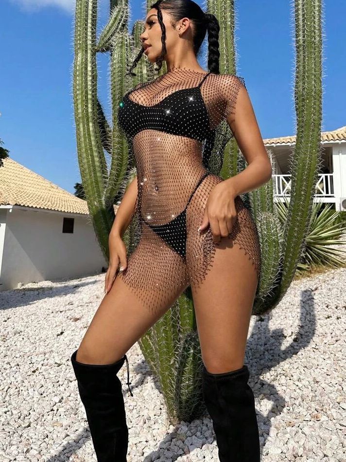 ZASUWA Female Sexy Fishnet Crystal Set Beach Dress Without Bikini