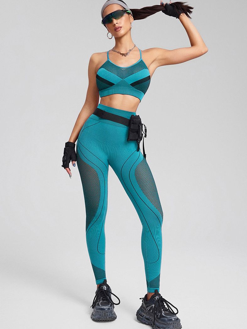 ZASUWA Female Contrast Color Cross Back Fishnet Stripe Print Tracksuit