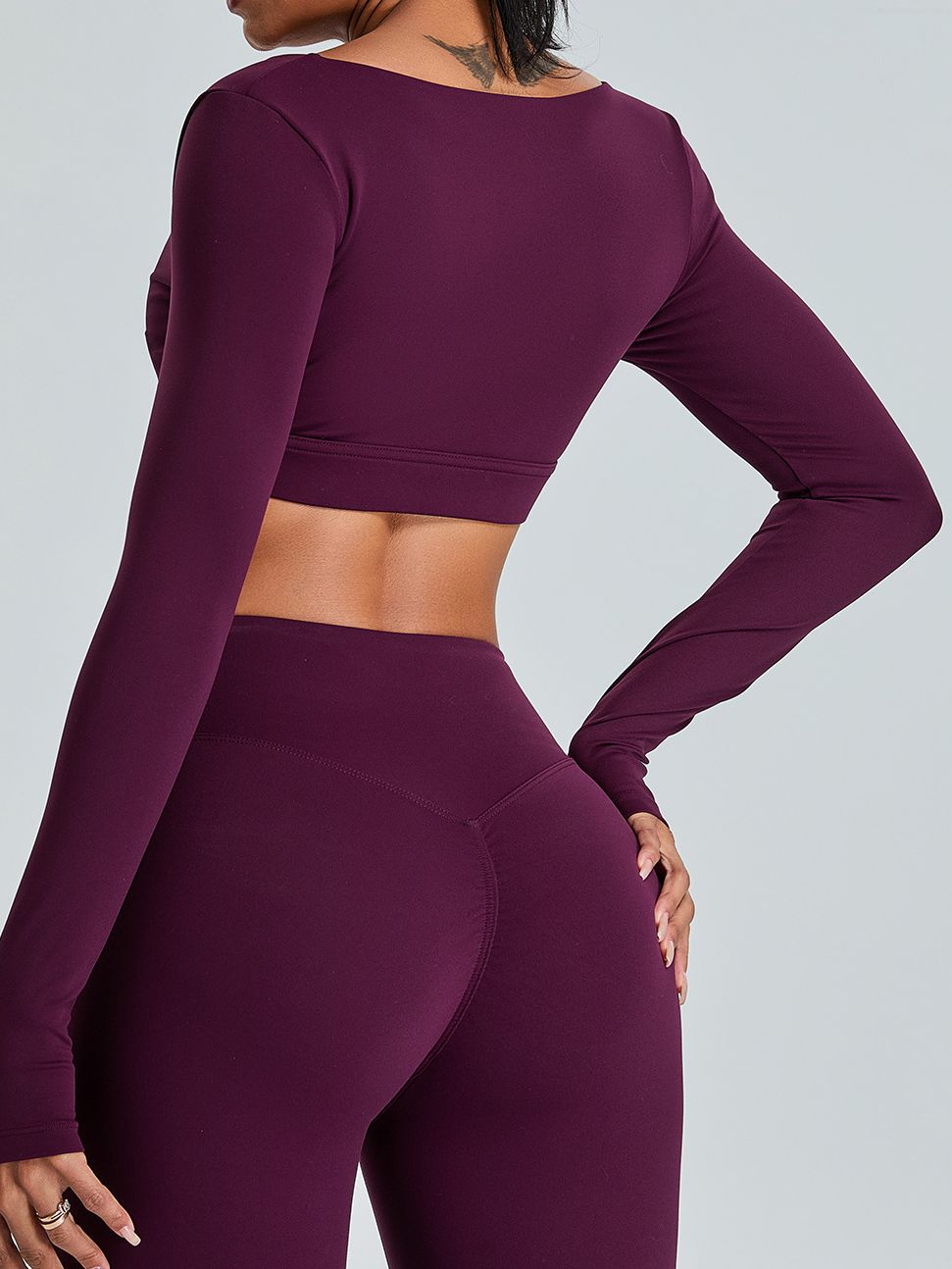 ZASUWA Female Solid Color V-neck Elastic Tight Long Sleeves