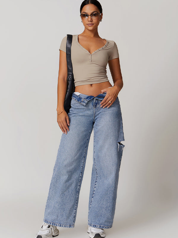 ZASUWA Female V-neck Quick Dry Buttons Yoga Short Sleeves