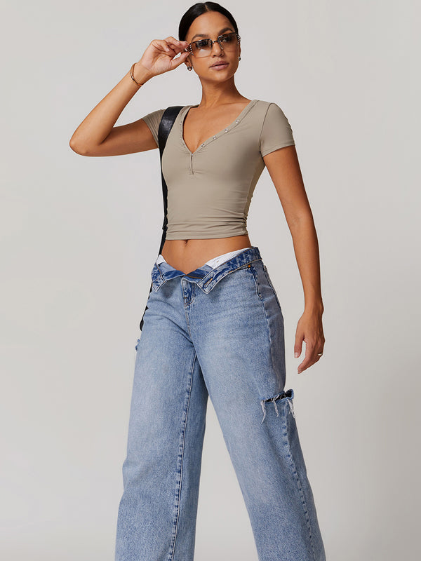 ZASUWA Female V-neck Quick Dry Buttons Yoga Short Sleeves