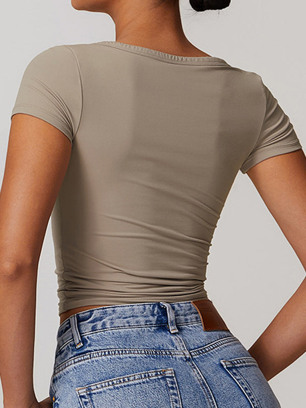 ZASUWA Female V-neck Quick Dry Buttons Yoga Short Sleeves