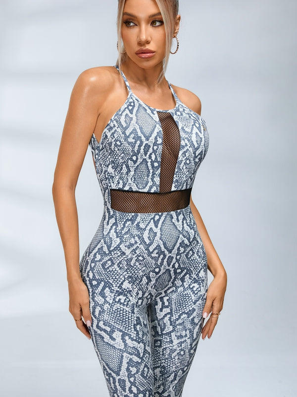 ?ZASUWA Female Sexy Fishnet Snake Print Backless Jumpsuits