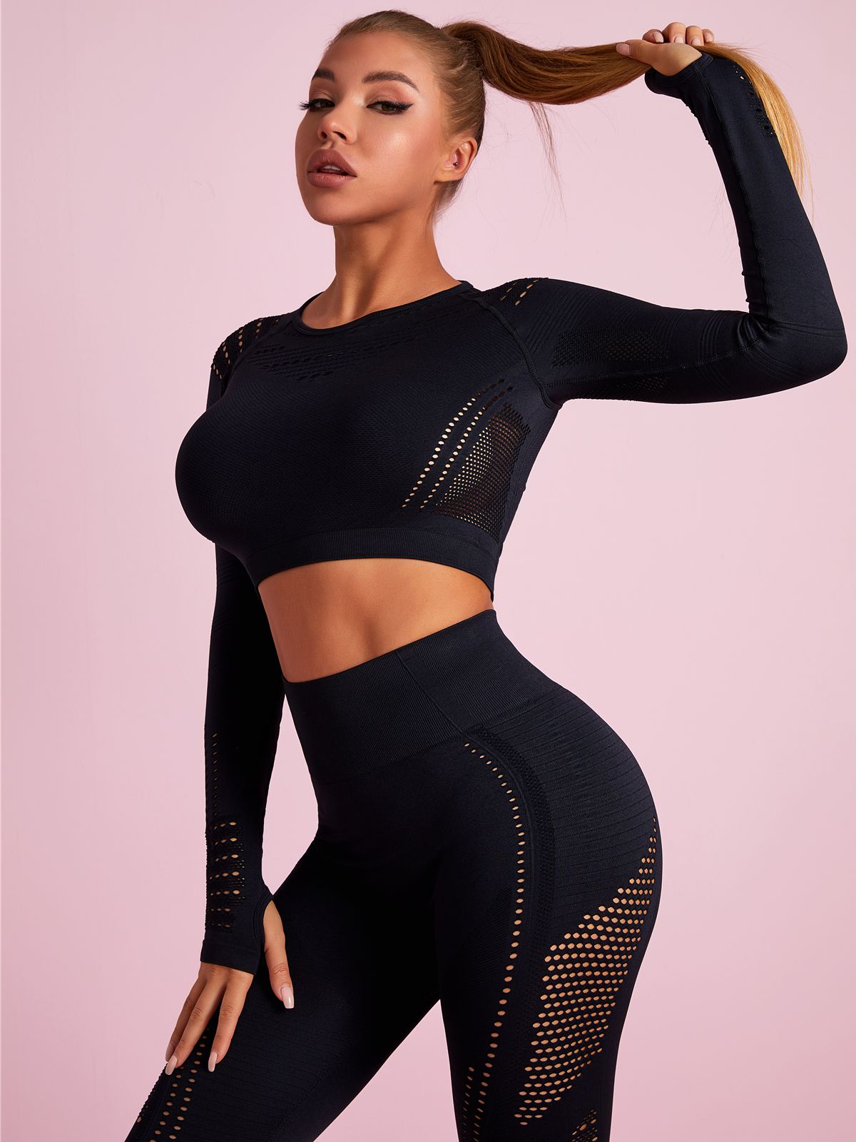 ZASUWA Female Knit Seamless Net Solid Color High-waist Tracksuit