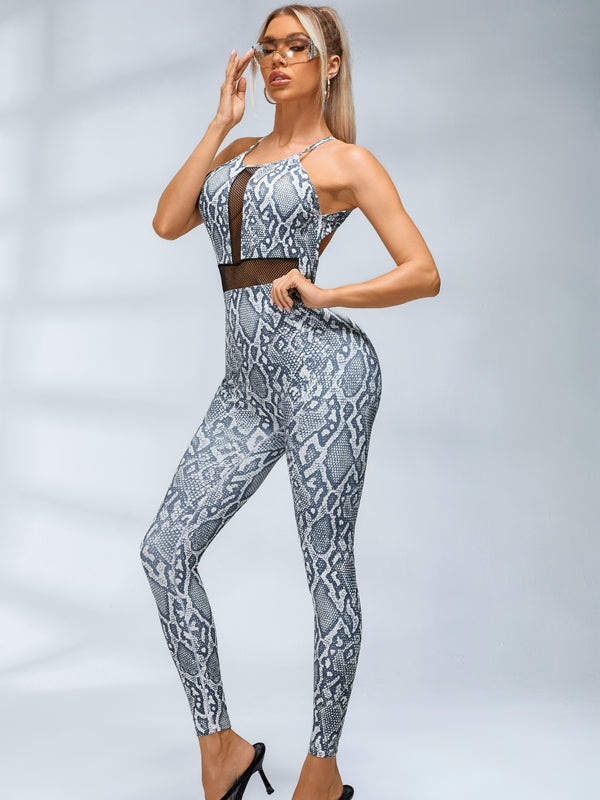 ?ZASUWA Female Sexy Fishnet Snake Print Backless Jumpsuits