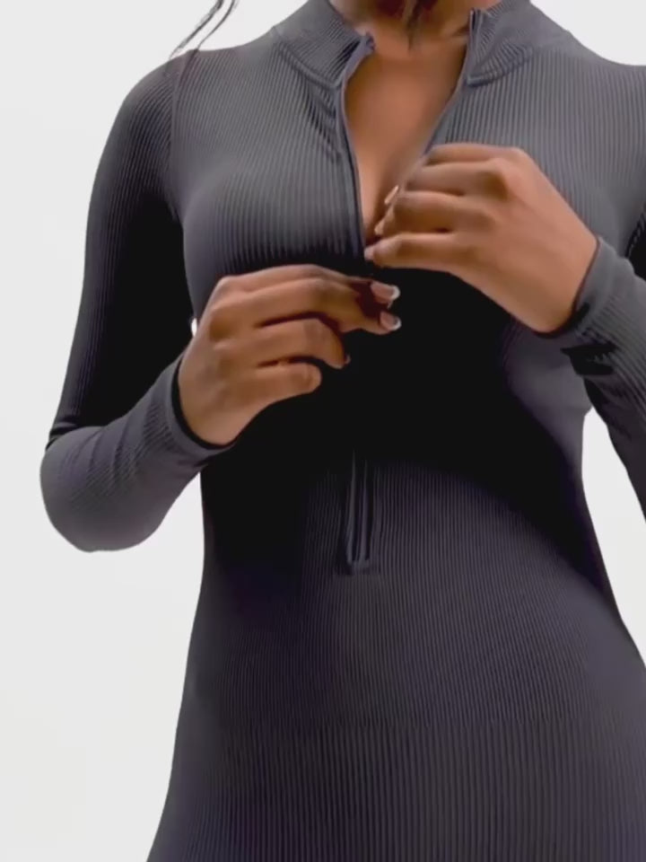 ZASUWA Female Ribbed Zipper Stand Collar Jumpsuit