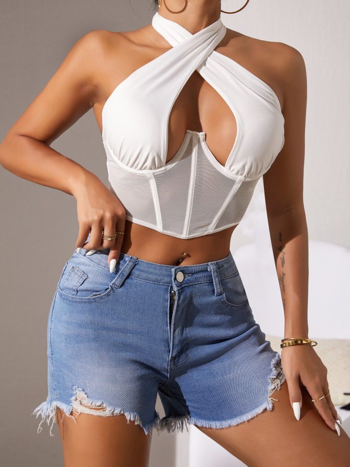 ZASUWA Female Sexy Mesh Hollow Out Halter Lace-up Tanks