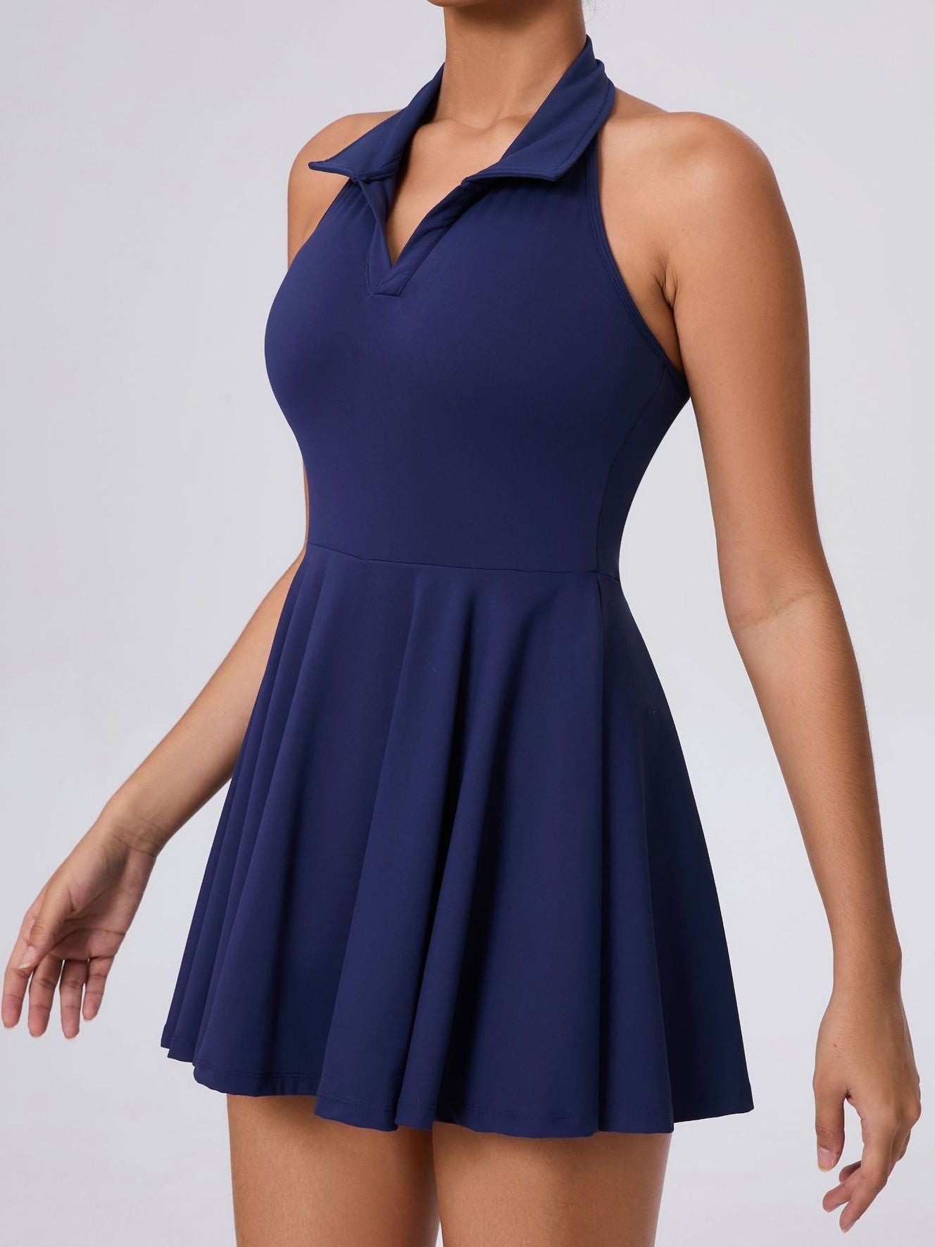 ZASUWA Female Stand up collar Backless 2 in1 Pocket Short Dress