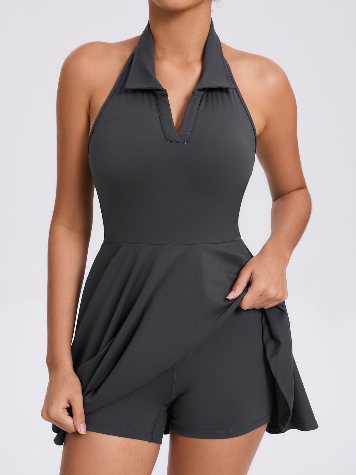 ZASUWA Female Stand up collar Backless 2 in1 Pocket Short Dress