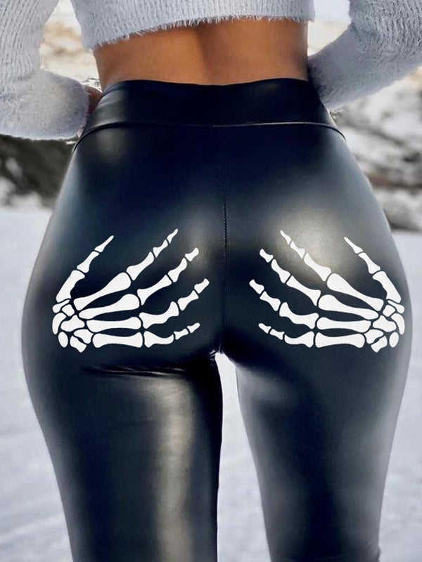 ZASUWA Female Finger Bones Print Fleece PU Faux Leather Elastic Tight Leggings