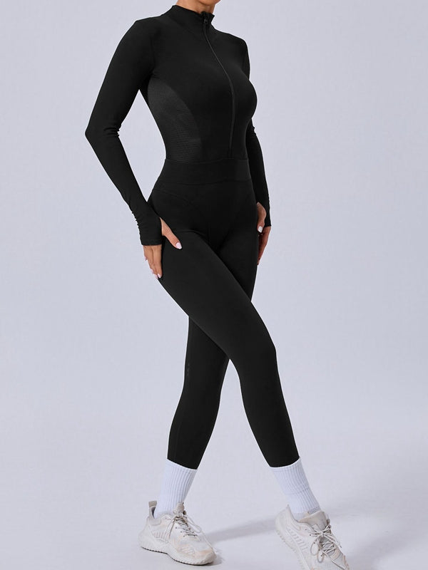 ZASUWA Damen Push-Up Mesh Daumenloch Reißverschluss Jumpsuit 