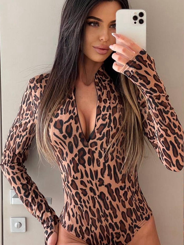 ZASUWA Female Sexy Leopard Print Zipper Bodysuit