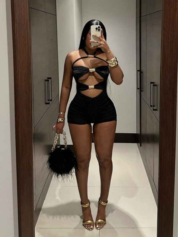 ZASUWA Female Sexy Halter Hollow Out Scrunch Bum Short Romper