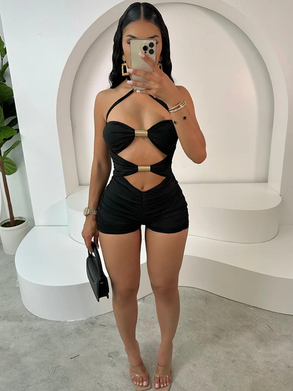 ZASUWA Female Sexy Halter Hollow Out Scrunch Bum Short Romper