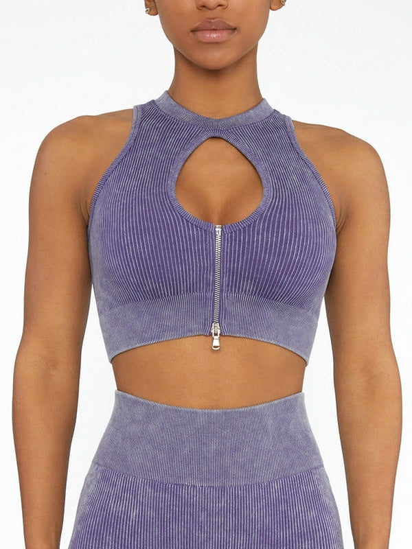 ZASUWA Female Zip Hollow Out Ribbed Sports Bras