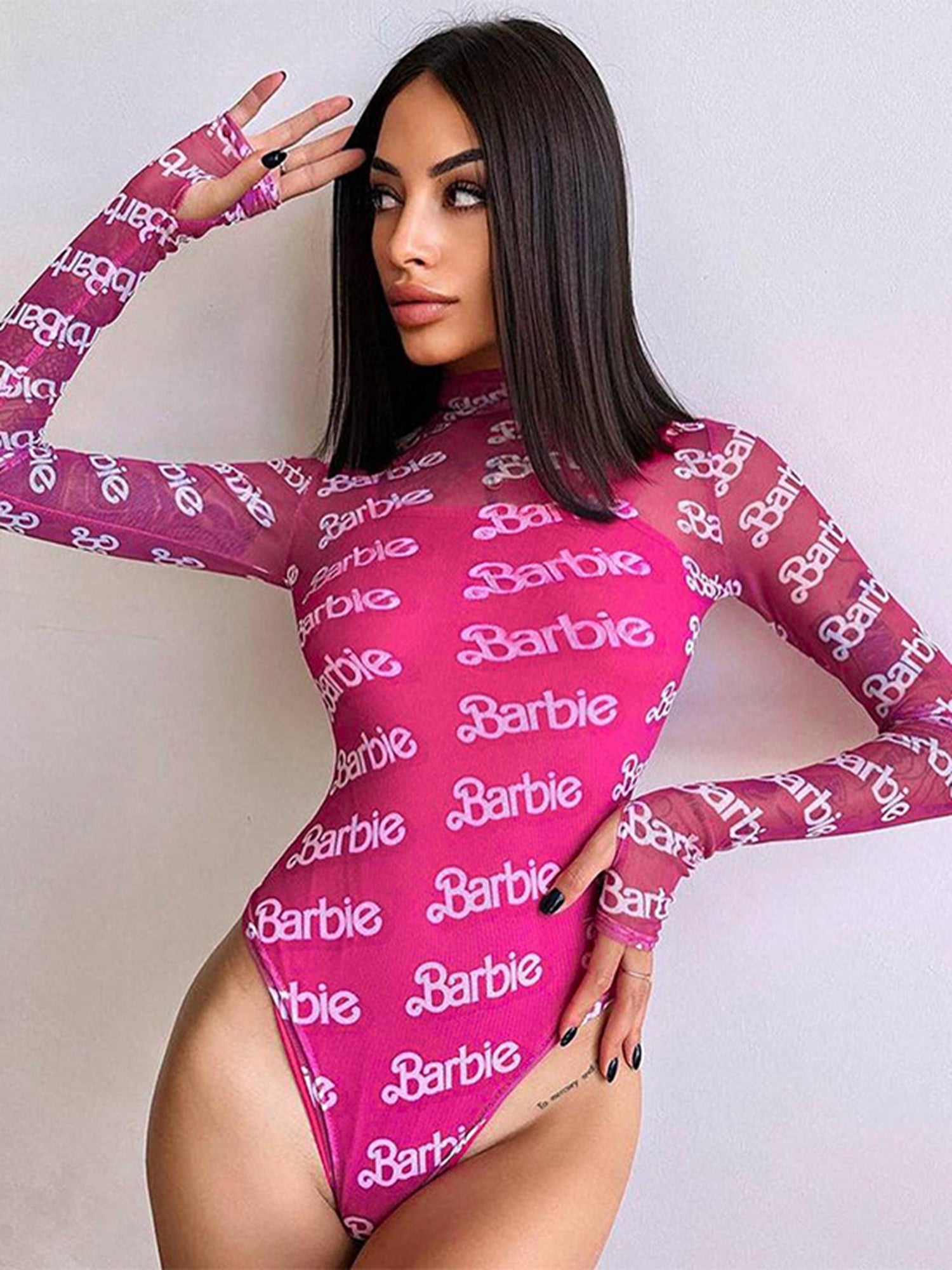 ZASUWA Female "Barbie Print" Mesh Thumbhole Bodysuit