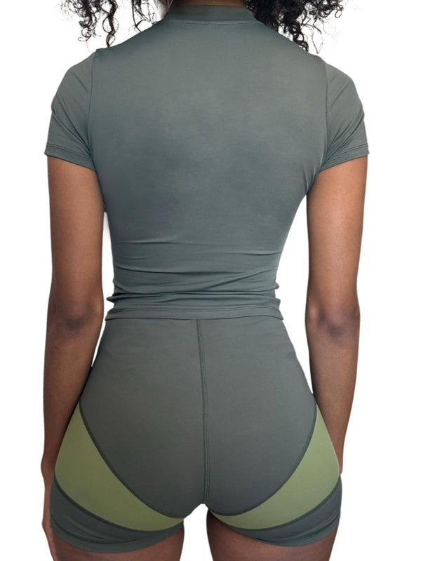 ZASUWA Female Contrast Color Zipper Elastic Tight Short Tracksuit