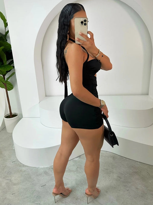 ZASUWA Female Sexy Halter Hollow Out Scrunch Bum Short Romper