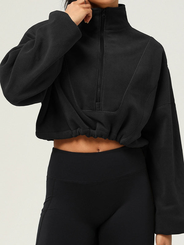 ZASUWA Female Fleece Half Zipper Drawstring Cropped Hoodie